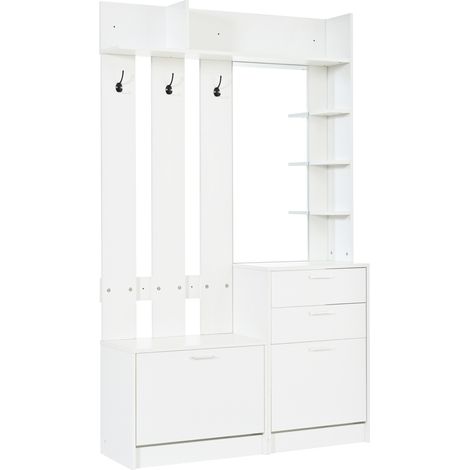 Multifunktionale Garderobe mit Spiegel, 2 Schubladen, 2 Klappen, 3 Haken, Weiß (1/5)