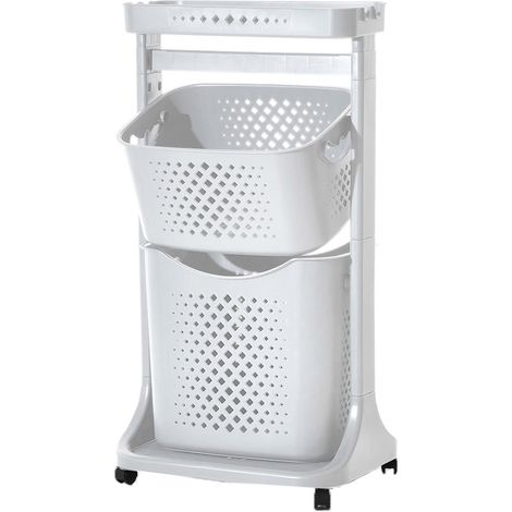 Cesto porta biancheria 2 contenitore bucato per panni sporchi bagno lavatrice traforato con ruote e ripiano facile spostamento (1/3)
