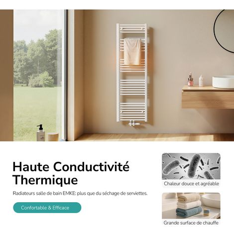 EMKE Sèche-serviette eau chaude, Radiateur sèche-serviettes raccordement central  Blanc 160x60cm 761 Watts