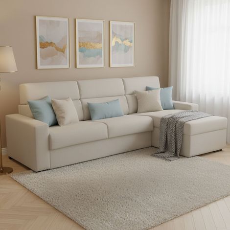 Sofá Cama con Chaise Longue Celleno, Fundas Desmontables, Hidrófugo, Made in Italy, Almacenaje y Multiposición, 280x160 cm Beige (1/5)