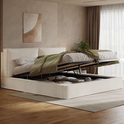 Doppelbett 180x200 cm beige aus Cord mit Stauraum und gepolstertem Kopfteil (1/5)