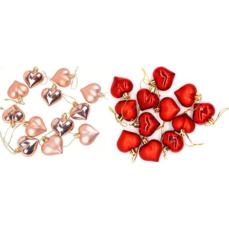 24 décorations en forme de cœur, plaquées or rose, pour sapin de Noël, idéales pour un anniversaire de mariage ou une fête romantique (4,5 cm). Couleur : or rose et rouge. (1/5)