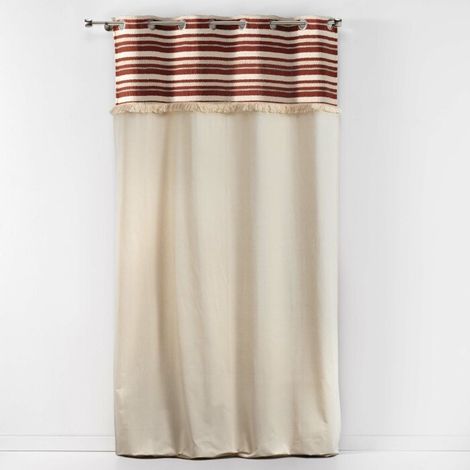 Atlas – Rideau tamisant 140 x 240 cm – 100 % coton uni avec top rayé et franges – Œillets ronds argent mat – Couleur terracotta