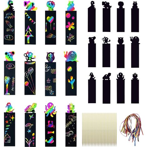 Idées cadeaux pour les pochettes-surprises enfants : 24 marque-pages à gratter en papier, étiquettes cadeaux avec 24 cordes colorées et 12 stylets en bois. (1/5)