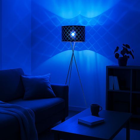 Stehlampe Textilschirm schwarz gold Beistellleuchte 3 Bein Stativleuchte mit Fernbedienung, dimmbar, Nickel matt, 1x RGB LED 8,5W 806Lm warmweiß, DxH 62x158 cm