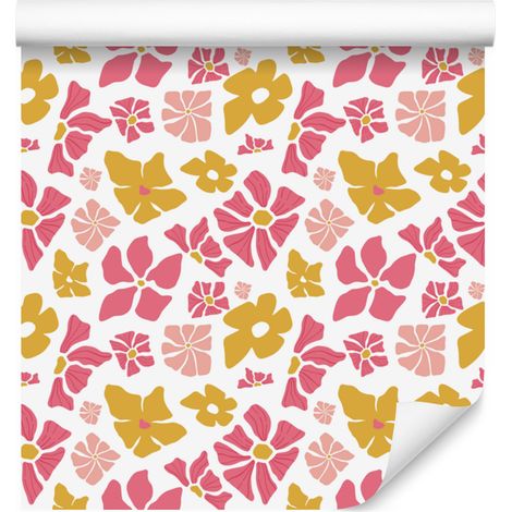 Papier peint à fleurs rose poudré, blanches et corail pour salon et chambre 50x1000 cm (1/5)