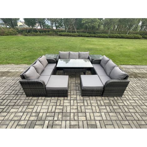 Fimous Polyrattan Gartenmöbel Set mit Rechteckiger Esstisch 2 Großer Hockern 2 Beistelltischen Dunkelgrau gemischt
