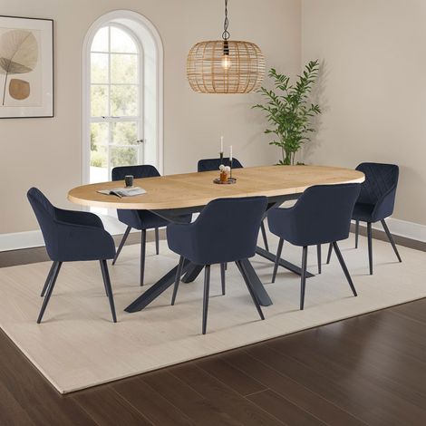 M&S – Ensemble table extensible 180-300 cm avec 6 chaises en velours bleu marine – Pieds en métal thermosoudés – Finition anti-rayures