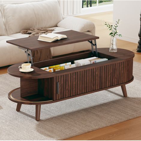 Mesa de centro elevable (120x50x39.5 cm), con almacenamiento oculto, con compartimentos laterales, MDF, color nogal (1/5)
