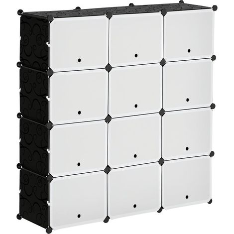Meuble de Rangement 12 Cubes Étagère Modulable pour Chaussures et Jouets Système Emboîtable Acier Plastique 125x32x125cm Noir (1/5)
