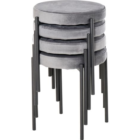 Ensemble de 4 tabourets de salle à manger empilables en métal aspect velours, tabourets de cuisine, tabourets rembourrés pour salle à manger et salon, gris