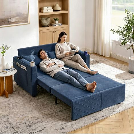 REDOM - Canapé convertible 2 places, fonction 3 en 1, système coulissant, ports USB intégrés, bois et tissu bleu marine (1/5)
