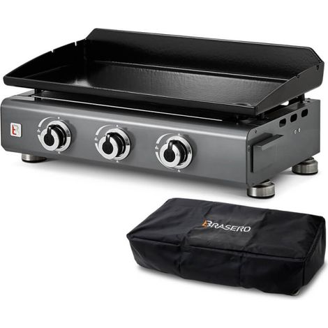 BRASERO BY FAVEX – Plancha gaz Silvia IIG 3 feux Gun Metal – Plaque fonte émaillée 5 mm – 7,5 kW – 67 x 34 cm – 10 convives – Housse incluse