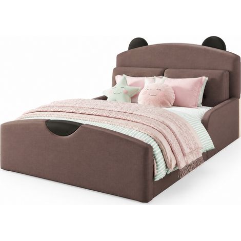 Letto Bambini 140 x 200 cm in Lino, Matrimoniale con Testiera Orso e 2 Cuscini, senza Materasso, Caffè (1/5)