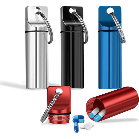 Pastillero portátil pequeño de 4 piezas de aleación de aluminio, mini estuche para pastillas de viaje, organizador de pastillas impermeable para acampar al aire libre, viajes, negro, plata, rojo y azu