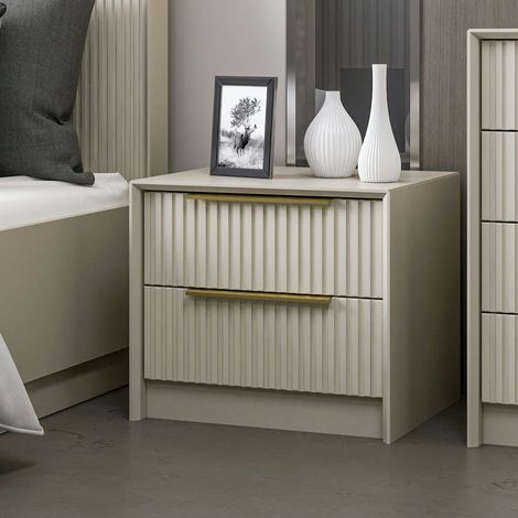 Table de chevet taupe 2 tiroirs rainurés, style moderne BYRON (1/5)