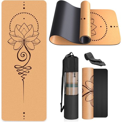 Natural Cork Yoga Mat 100% High Density Ecological Exercise Mat 183 x 61 cm with Carrying Strap for Home, Pilates, Gym and Training (1/5)
