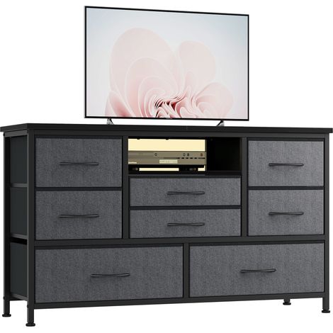 Commode à 8 Tiroirs Avec Lumière LED, Station de Charge, Commode Pour Chambre, Salon, Couloir Gris (1/5)