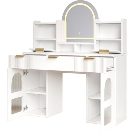 Tavolo trucco bianco con specchio LED, 3 cassetti e 2 armadietti in vetro, 120 x 40 x 139,5 cm (1/5)