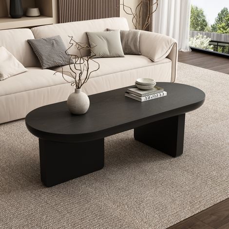REDOM - Mesa de centro 119.7x49.8x35.5 cm, diseño ovalado minimalista, doble base cuadrada, MDF negro mate (1/5)