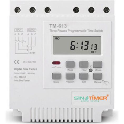 TM-613 Relais Temporisé Programmable 380V / 50-60Hz 16A Relais Hebdomadaire Commutateur de Minuterie de Puissance Interrupteur de Minuterie Triphasé Horloge Numérique Intelligente