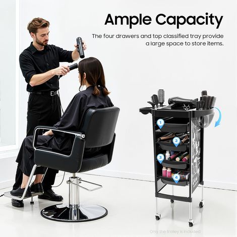 Friseurwagen, Salon Rollwagen mit 4 Ausziehbaren Schubladen, Arbeitswagen Rollwagen, Salonwagen mit Rädern, für Stylist Friseur Haarstyling SPA Schwarz