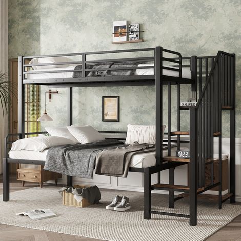 Letto a castello 257x124x160 cm, con scala ad angolo a 4 gradini, parapetti, metallo e MDF, nero (1/5)