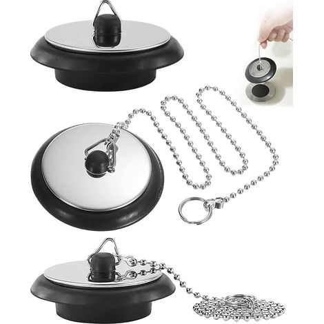 Lot de 3 bouchons de baignoire et lavabo avec chaînette de 40 cm, Ø 40-45 mm. Bouchons universels en caoutchouc pour baignoire, lavabo, robinet de cuisine et évier. Bouchon en silicone longue durée. (1/5)