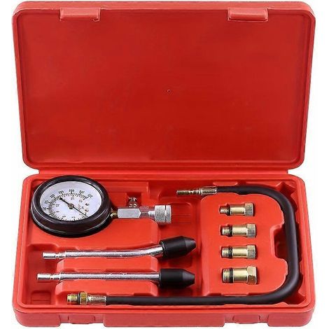 Manomètre de pression de cylindre pour moteur essence (lot de 8), testeur de compression 0-300 PSI avec adaptateurs pour voitures, camions et motos. (1/5)