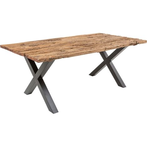 Tavolo da pranzo RAFTA 180 cm - Piano in legno massiccio di teak - Gambe a X in metallo nero