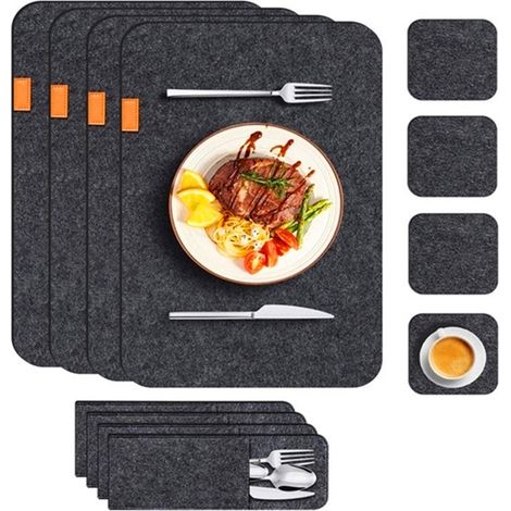Set de napperons, dessous de tasses, feutrine isolante avec sac à fourchettes, tapis de table pour la cuisine, gris foncé
