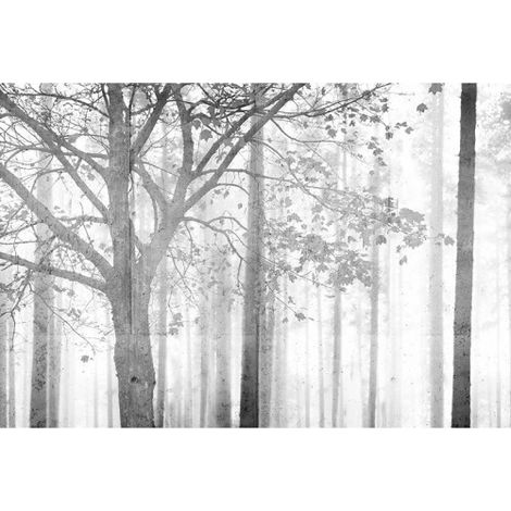 Papier peint panoramique cuisine forêt gris & blanc Tapisserie panoramique grise nature pour salon Papier peint panoramique arbre moderne (1/3)