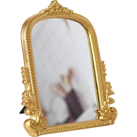 Miroir de Table Vintage Doré - 1 Pièce - Cadre en Résine Sculptée - Design Arqué Rétro - Pour Coiffeuse et Salon - 24,8 x 30,5 cm (1/5)