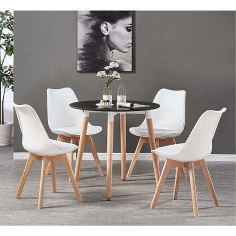 Halo Round Lorenzo Dining Set - a Black Wooden Dining Table and Set of 4 White Polypropylene Dining Chairs - Dining Room Kitchen