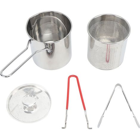 Petite poêle à frire en acier inoxydable avec orifice de dérivation pour économiser l'huile, style japonais, pour la cuisine, ensemble de 4 pièces : friteuse + panier passoire + pinces alimentaires + (1/5)