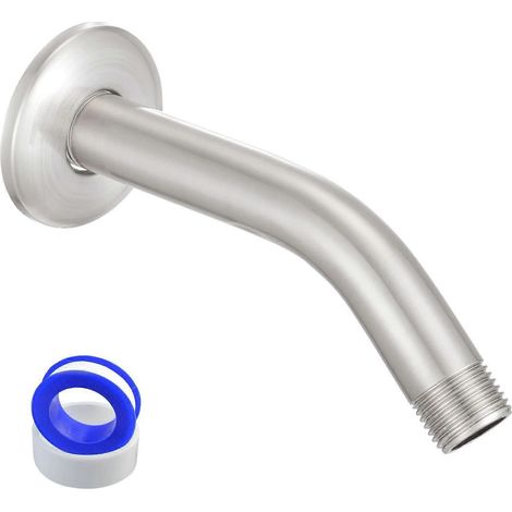 Bras de douche avec bride et ruban Téflon. Rallonge de 15 cm pour pommeau de douche fixe. Acier inoxydable massif. Fixation murale (finition brossée). (1/4)