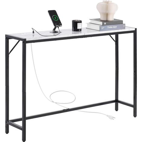 Table Console en Marbre, Console d’Entrée Étroite et Longue avec Prise de Courant, Table d'Appoint Fine avec Tubes en Fer, Dispositif Anti-basculement et Support Triangulaire, Salon Couloir (1/5)