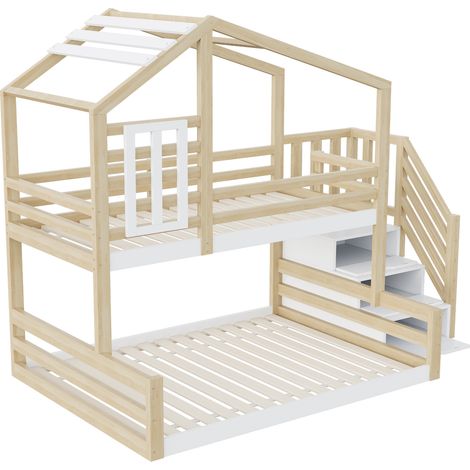 Lit superposé cabane 90 x 200 cm en pin et MDF avec fenêtre et escalier de rangement naturel (1/5)