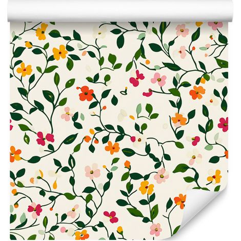 Papier peint à petites fleurs blanches, gris clair et vertes 50x1000 cm (1/5)