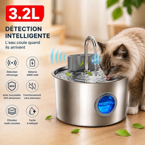 Fontaine à Eau pour Chat INOX 3,2 L, Détection Infrarouge, Batterie 4000 mAh, Ultra Silencieuse, Filtre Multicouche (1/5)