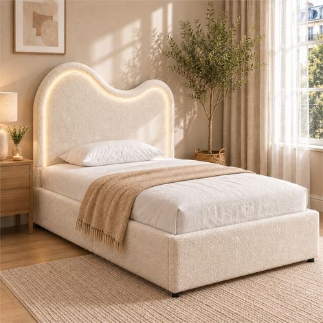 Lit enfant coffre 90x200 cm en velours Blanc avec LED intégrée, lit rembourré hydraulique avec sommier à lattes, grand rangement et tête de lit nuage (1/5)