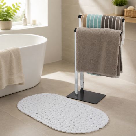 Set asciugamano e tappetino da bagno (2 pezzi) – Scaldasalviette a colonna cromato e tappetino da bagno antiscivolo con motivo pietra (1/5)
