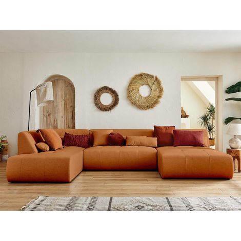 Lisa Design – Canapé d'angle panoramique 7 places en tissu 100% polyester – Structure bois – Dimensions L334xH75xP198 cm – Couleur rouille