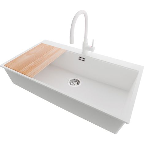 PRIMAGRAN Evier Cuisine en Granit 88x50cm,Lavabo 1 bac + Robinet 38x14cm + Kit de Vidage + Planche à Découper, Évier à Encastrer au meuble 90cm - Oslo, Blanc (1/5)