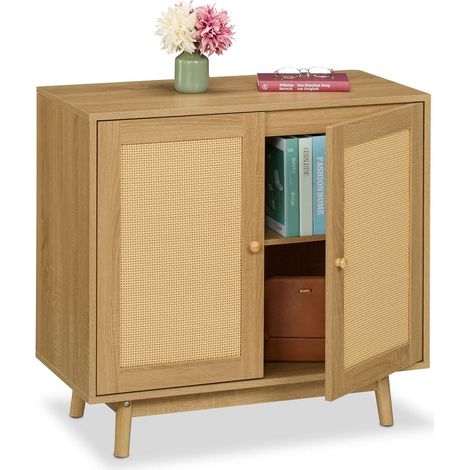 Aparador efecto ratán, patas de madera, 2 puertas