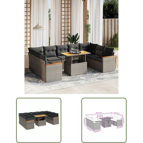 The Living Store 10-tlg. Garten-Sofagarnitur mit Kissen Grau Poly Rattan - Gartenmöbel - Esszimmergarnitur - Lounge Set - Rattan Möbel - Outdoor Furniture (1/3)