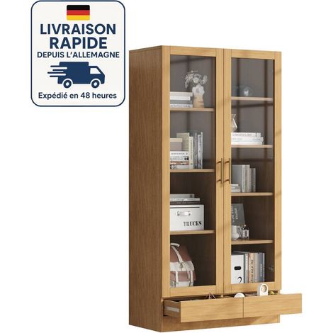 Vitrina de cristal templado - 80 x 40 x 160 cm - Madera con certificación PEFC - Estantes fijos - Cajón con apertura a presión (sin tirador) - Madera natural (1/5)