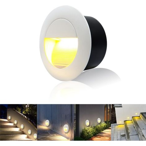 8er 3W Applique Encastré Murale, Lumières d'escalier rond, Blanc chaud applique avec boîte encastrée, 230V eclairage mural alu etanche escalier encastrable marchepied, Blanc, IP65