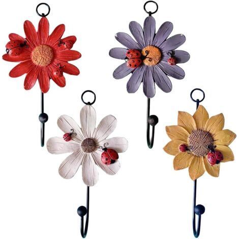 Set mit 4 kreativen, gänseblümchenförmigen Wandhaken – verschiedene Farben – dekorative Blumenhaken – handbemalt – für Mäntel, Hüte, Schlüssel, Handtücher (1/5)
