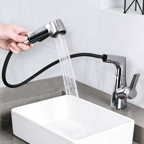 Mitigeur de lavabo Avec Douchette Extractible, Robinet de Salle de Bain Avec 2 Modes de Pulvérisation, Soulevable Robinet Lavabo, Adapté Pour Lavabos de Comptoir, Chaud et Froid, Argent (1/5)